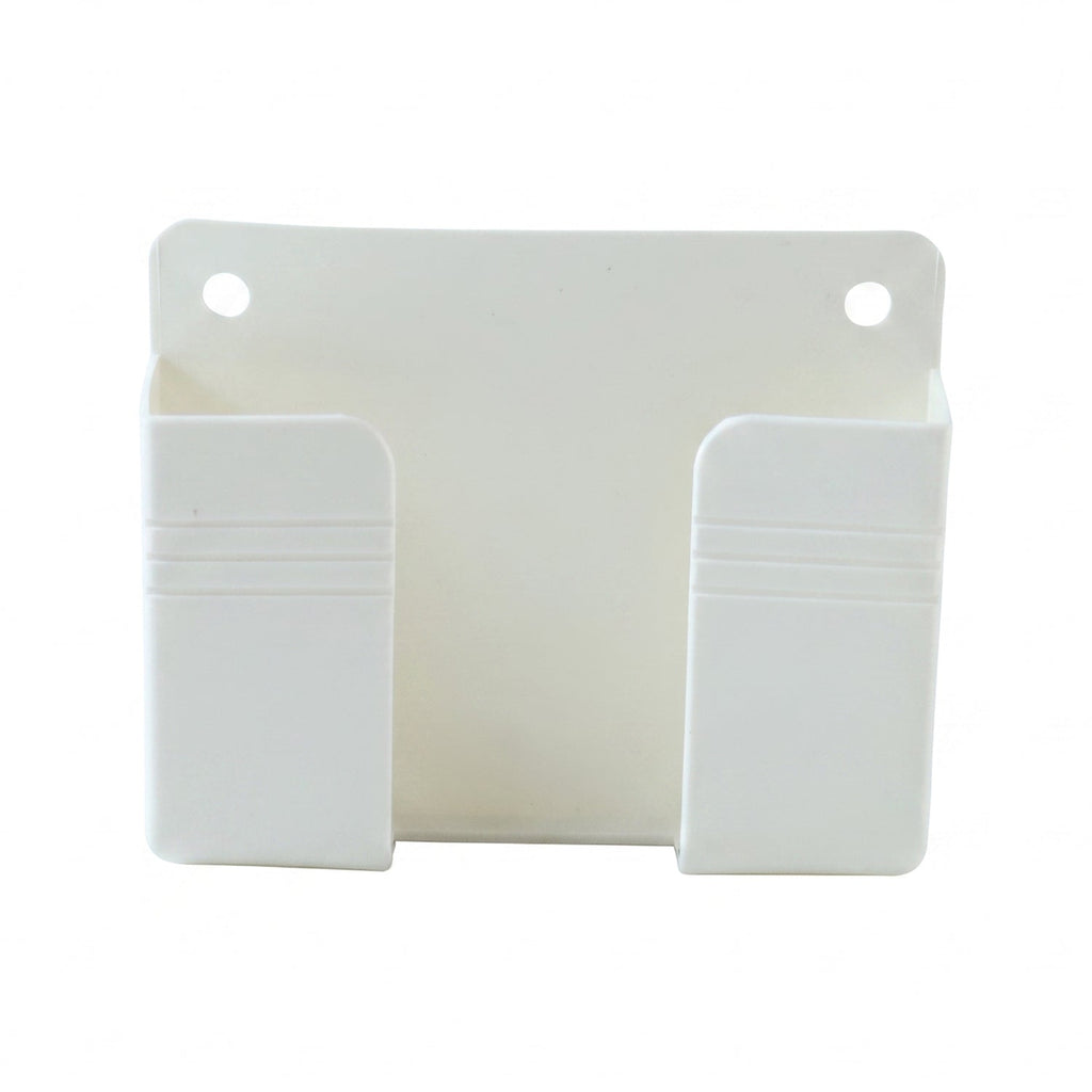 A white plastic wall-mounted phone holder with two compartments and two screw holes, viewed head-on.