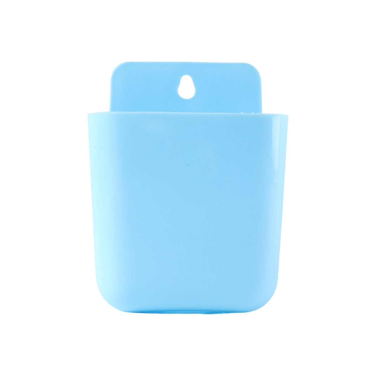 A light blue plastic wall-mounted storage pocket with a hanging hole is shown against a white background.