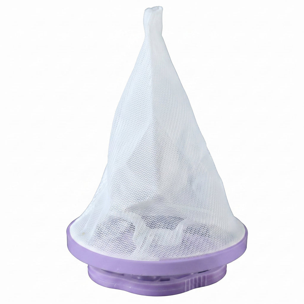 A single purple and white floating lint mesh bag on a white background.