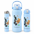 Three light blue water bottles of different sizes, each with a teddy bear graphic, against a white background.