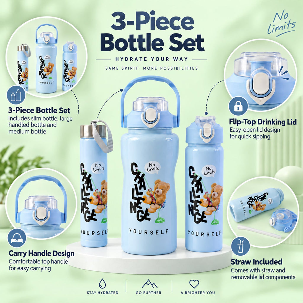 A graphic showing three light blue water bottles and their features, including a straw and carry handle.