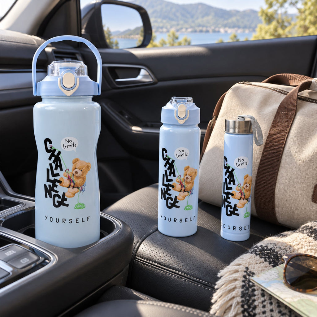 Three light blue water bottles in a car interior, with a bag and sunglasses on the seat, and a lake view outside.