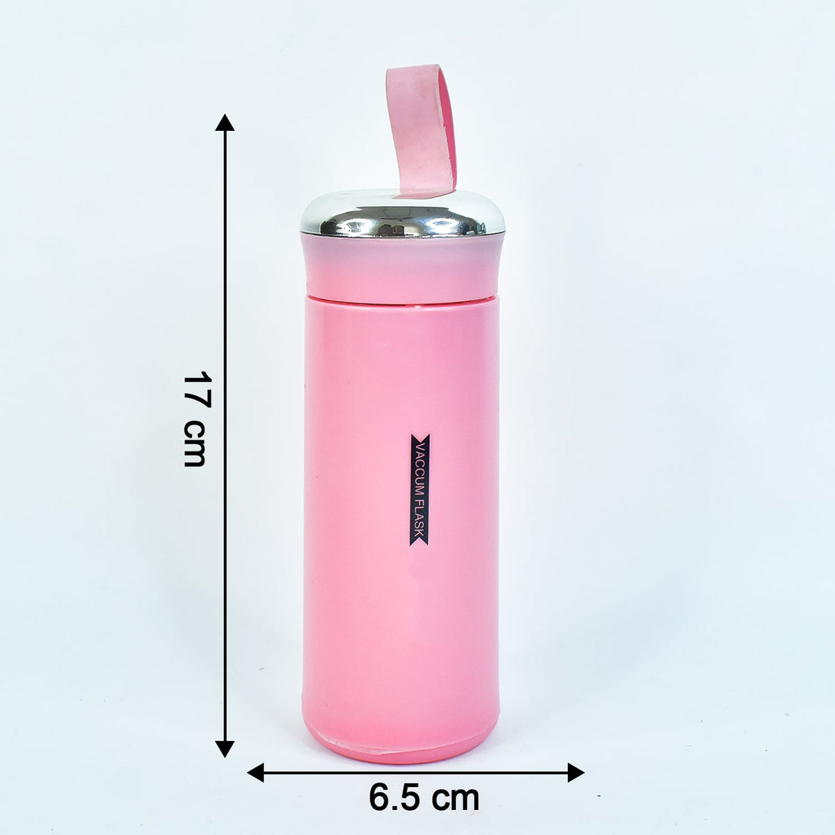 A pink vacuum flask with a silver lid and strap is shown with dimensions of 17 cm height and 6.5 cm width.