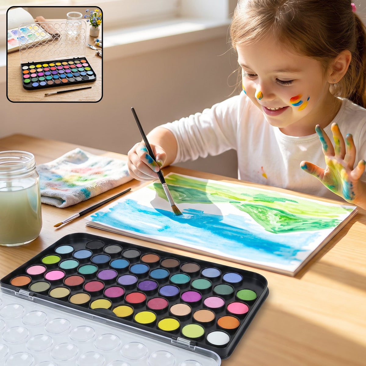 A young girl with paint on her face and hands smiles while painting with a 48-color watercolor set
