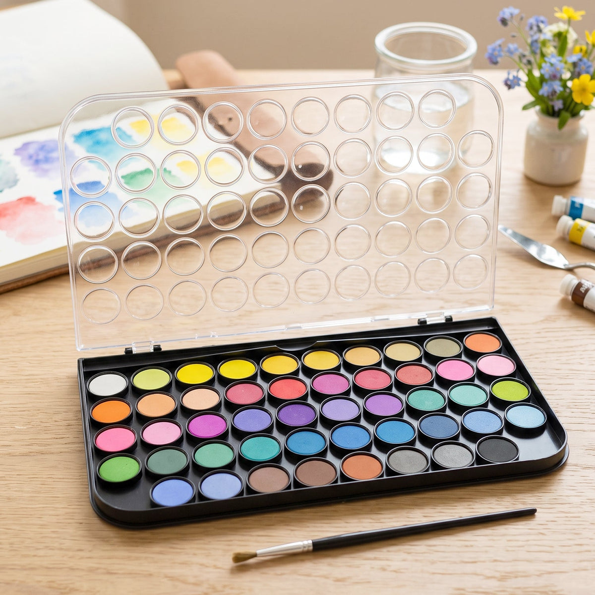 An open black watercolor palette with 48 vibrant solid colors and a clear lid, on a wooden table with art supplies.