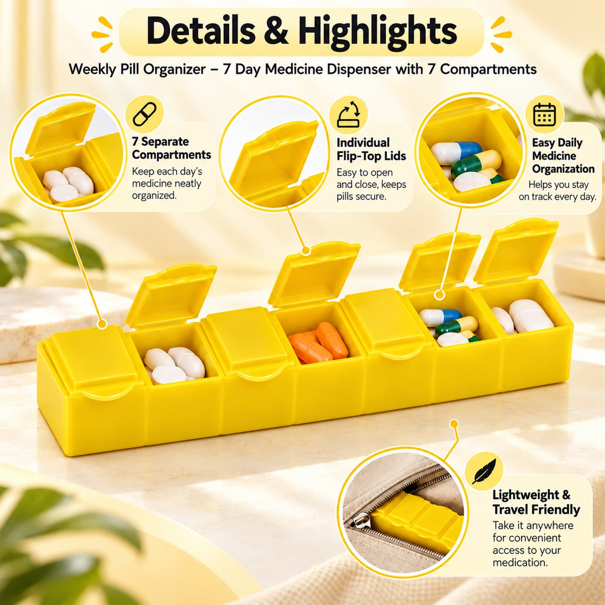 Weekly Pill Organizer – 7 Day Medicine Dispenser with 7 Compartments |