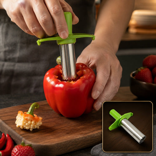 A person uses a green and silver chili corer to remove the core from a red bell pepper on a wooden cutting board.