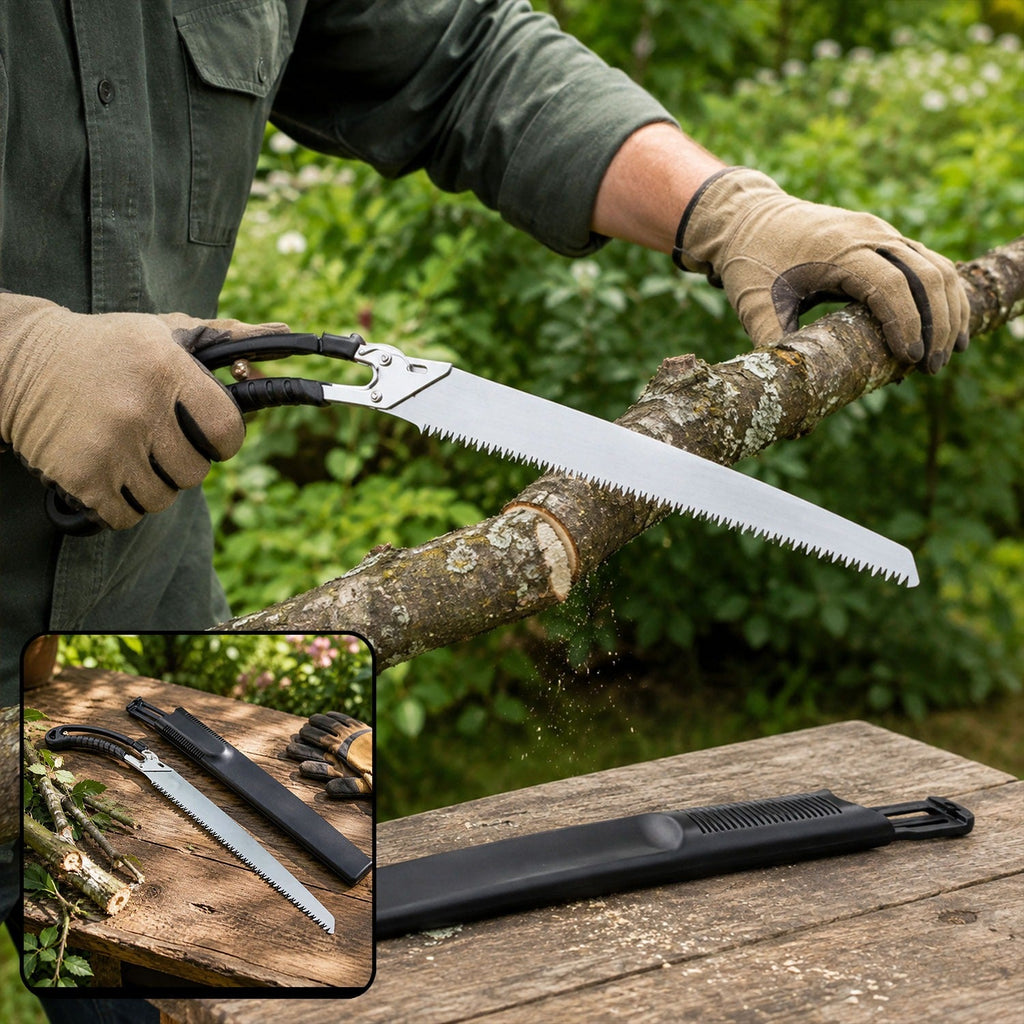 A person wearing tan gloves saws a tree branch with a silver and black pruning saw, with an inset showing the saw and its