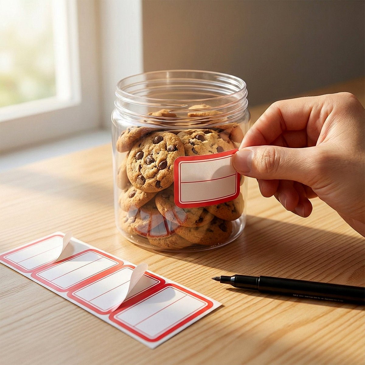 A hand peeling a red-bordered white writable label from a sheet, next to a jar of chocolate chip cookies.