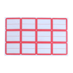 A single sheet of 12 red-bordered white writable labels with two lines on a white background.