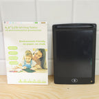 A black LCD writing tablet and its white retail box, featuring an image of a child drawing, are placed side-by-side.