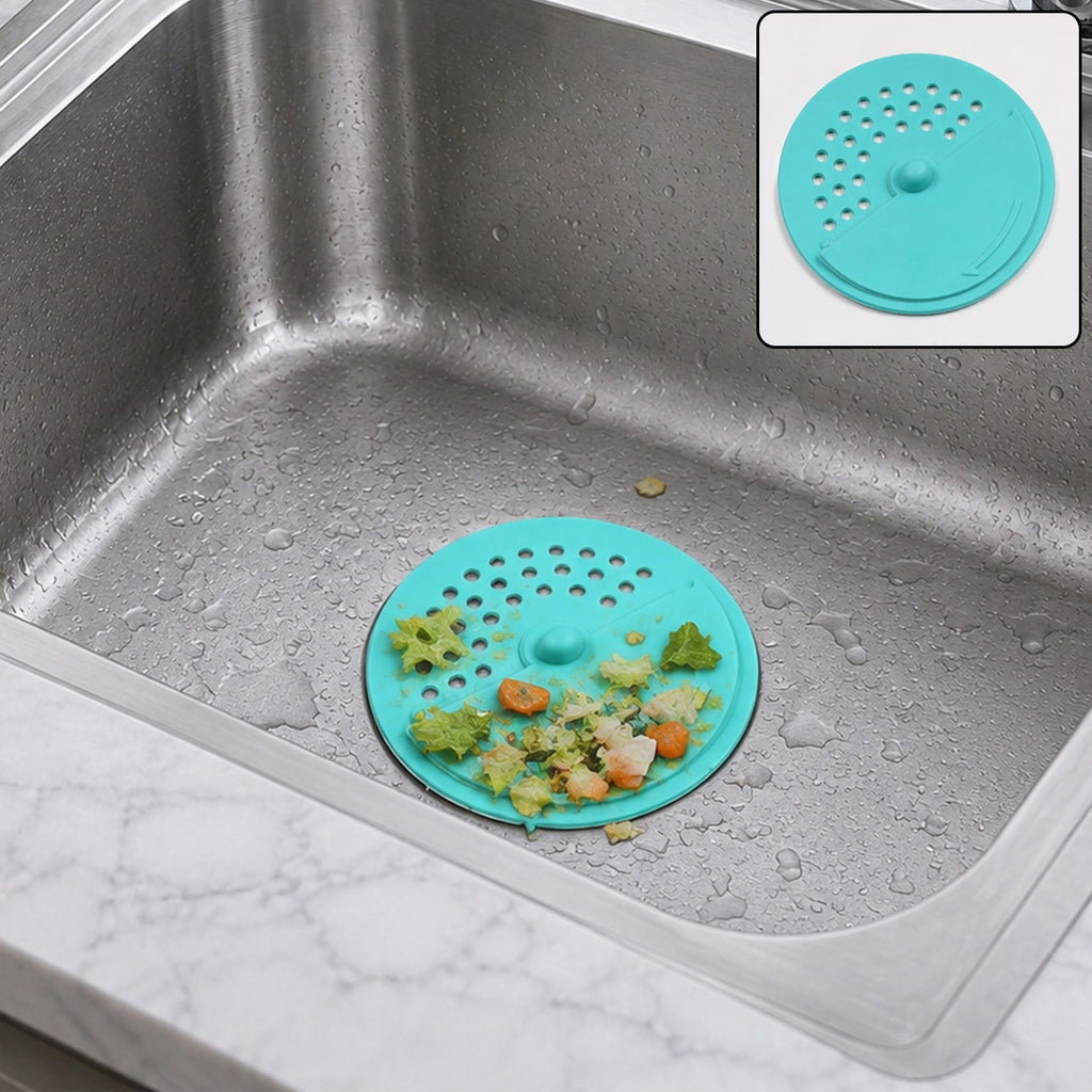 A teal silicone sink drain cover with food scraps in a stainless steel sink, with an inset showing the clean cover