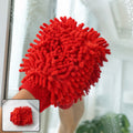 A hand wearing a red microfiber chenille wash glove cleans a window, with a smaller inset showing the glove on a white tiled