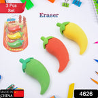 Three chili pepper erasers in red, yellow, and green, with the product packaging and other school supplies scattered around.