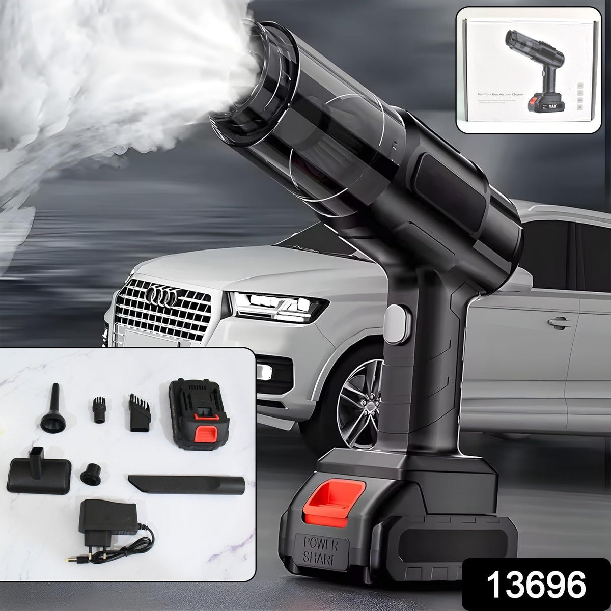 Black handheld vacuum cleaner expelling white mist, with various attachments and a charger displayed in the foreground, and