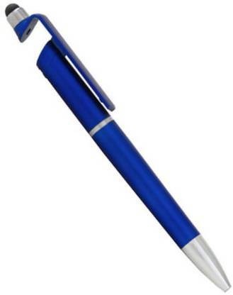 A blue 3-in-1 stylus pen with a phone stand feature and silver accents on a white background.