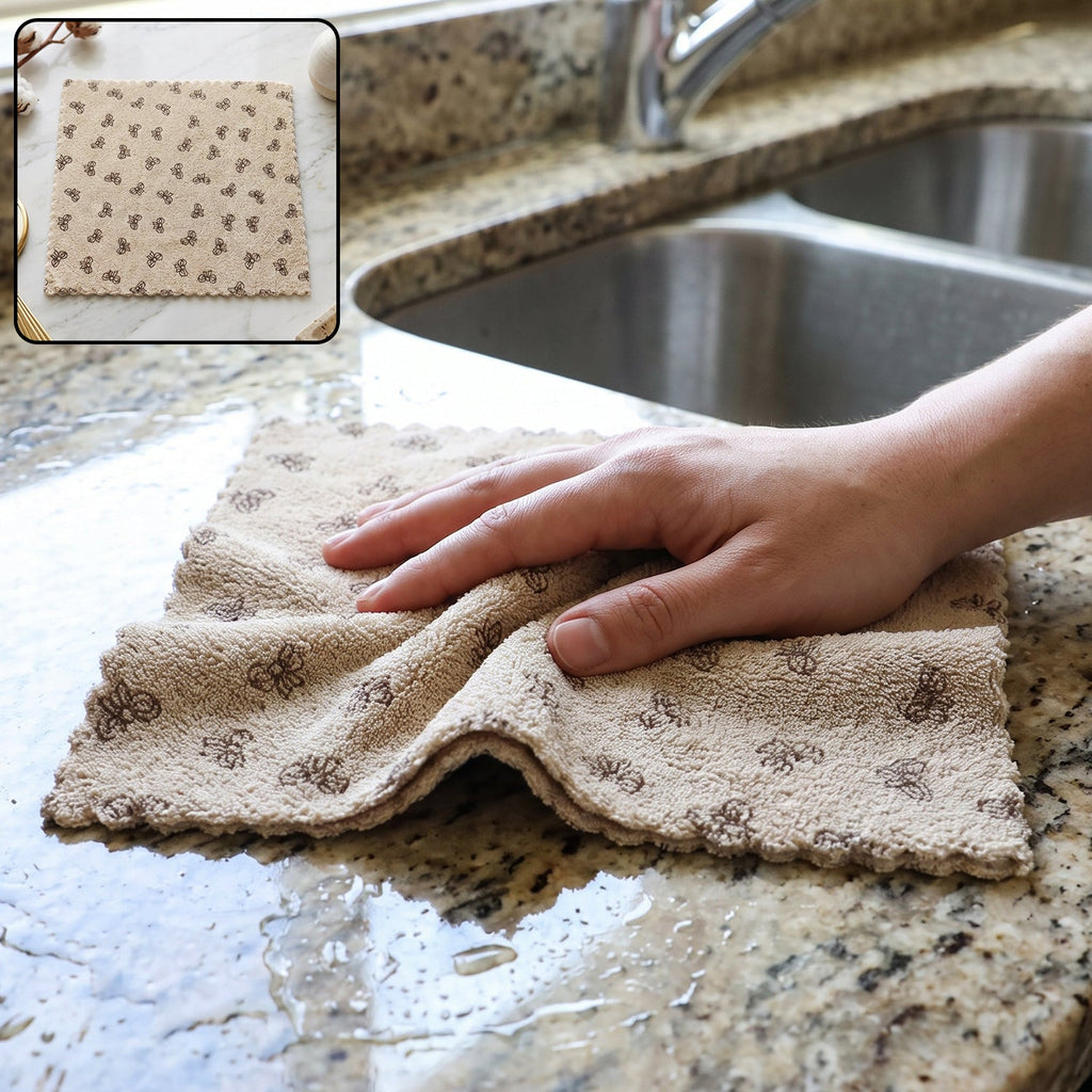 A hand wipes a wet granite countertop with a beige microfiber towel patterned with dark bows, next to a kitchen sink,