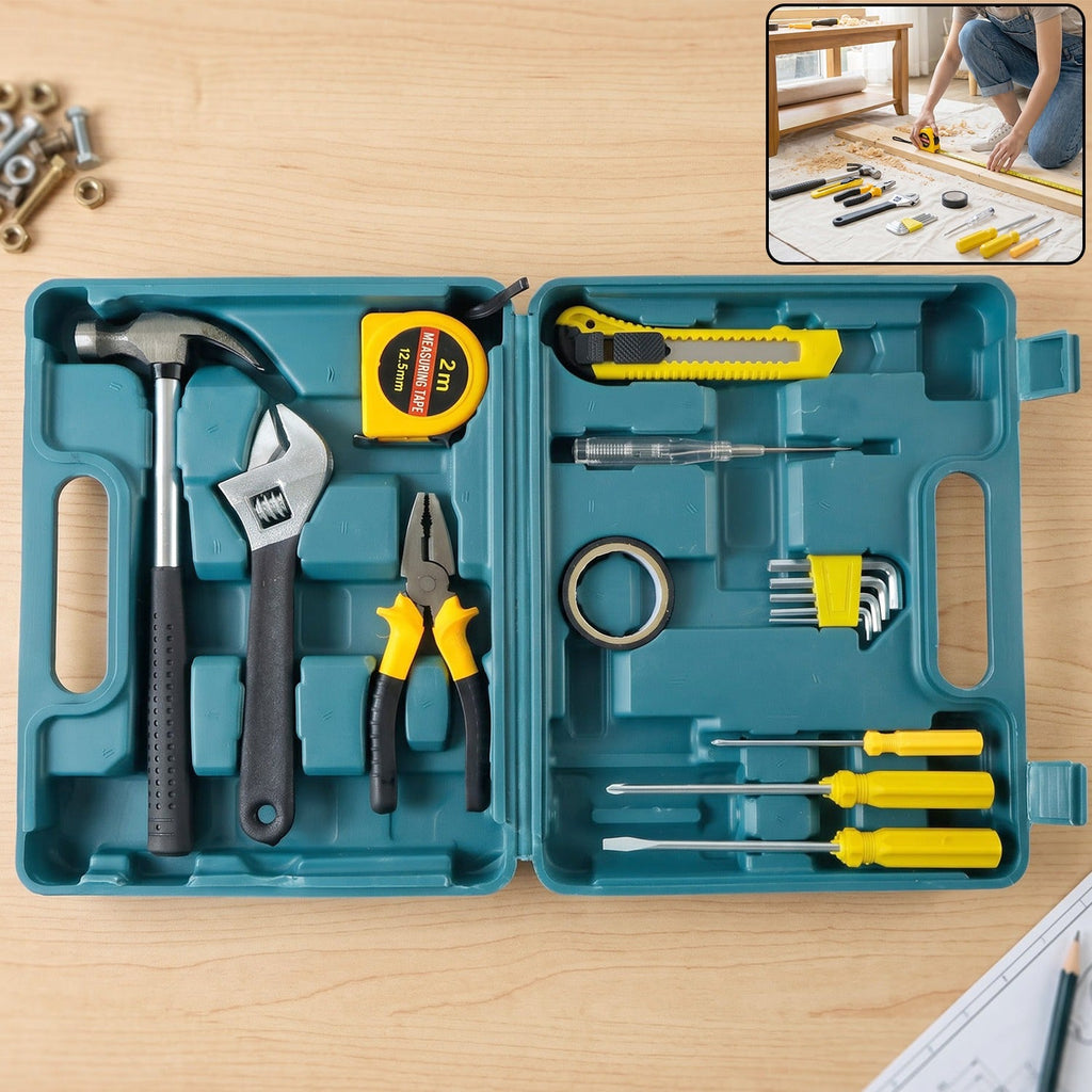 An open teal plastic toolbox displays various hand tools, including a hammer, wrench, pliers, tape measure, and screwdrivers.