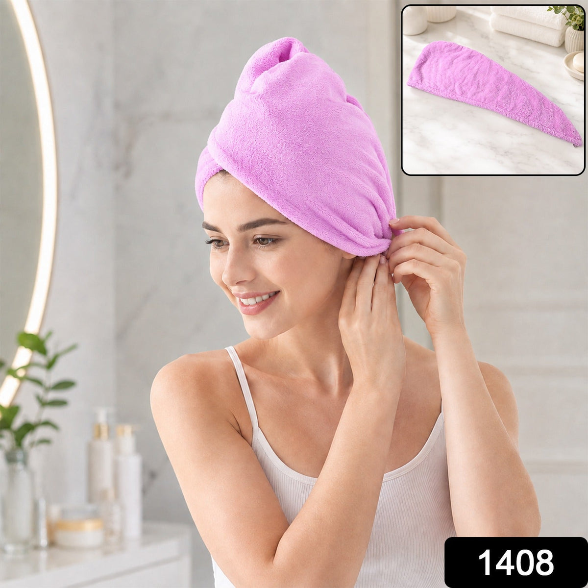 A smiling woman in a white tank top wears a purple microfiber hair wrap, securing it above her ear. A smaller inset shows
