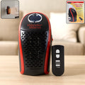 Black and red Wonder Warm heater with remote control, showing the product in use and its packaging.