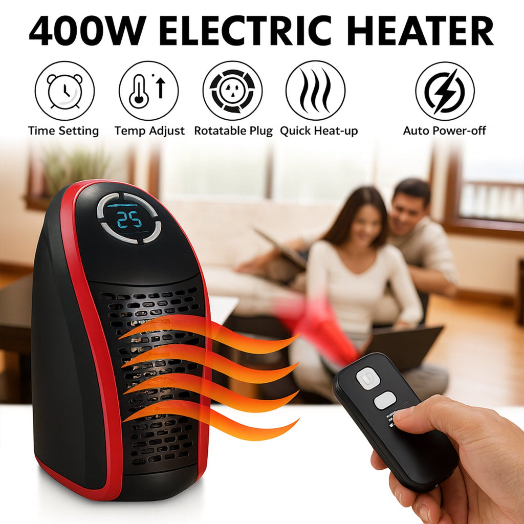 Heater with red heat waves emanating, a hand holding the remote, and icons of its features above.