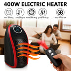 Heater with red heat waves emanating, a hand holding the remote, and icons of its features above.