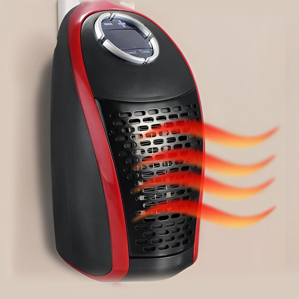 Heater plugged into a wall socket with animated red heat waves flowing from its front grill.