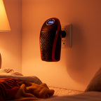 Heater plugged into a wall socket in a warmly lit room, displaying a digital timer of 19:00.