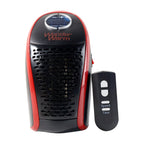 Front view of the black and red Wonder Warm heater with its remote control on a white background.