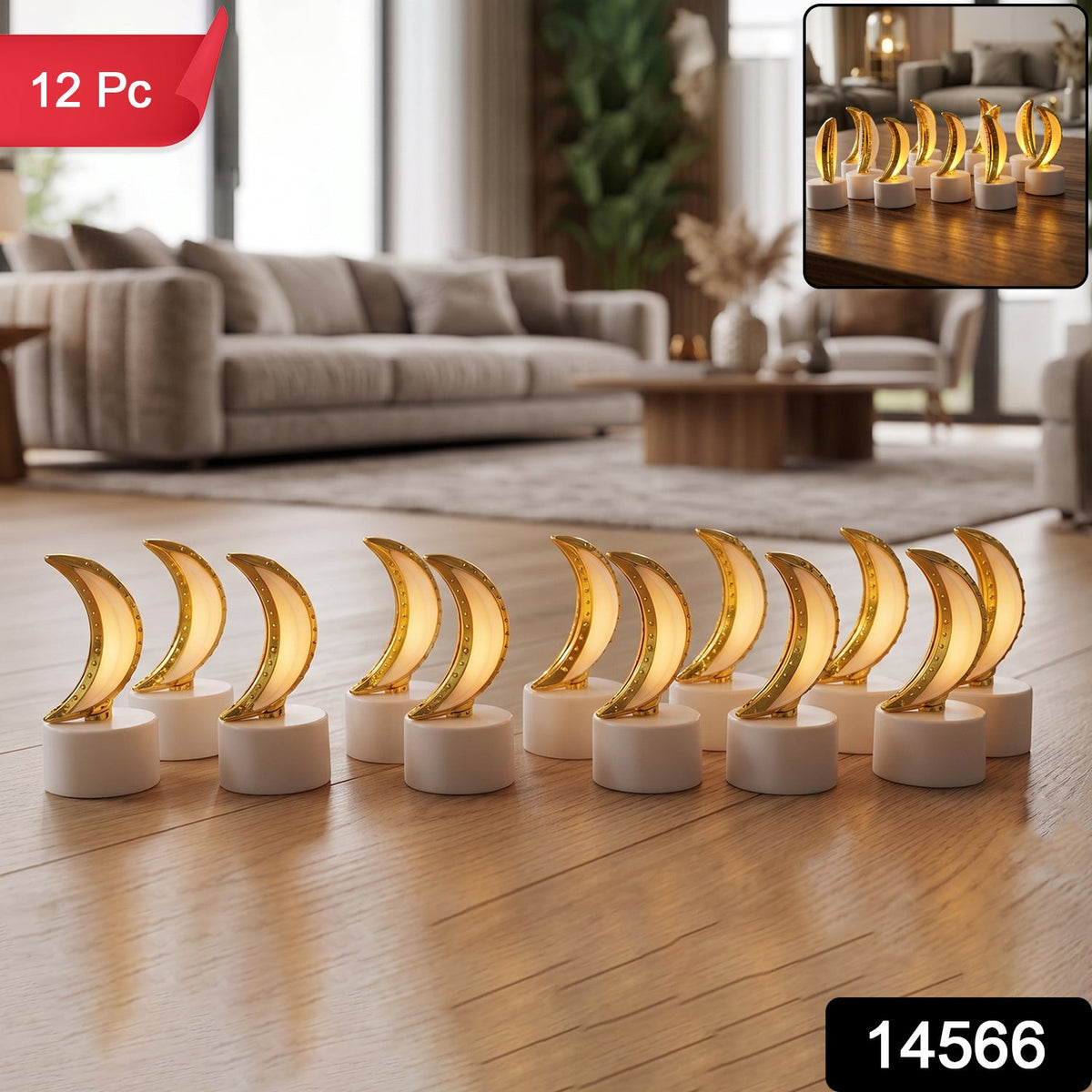 Twelve golden crescent moon LED tealights with warm glow on a wooden floor in living room.