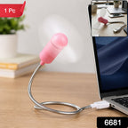 Pink USB mini fan with white blades plugged into a laptop, with a smaller inset image and red '1 Pc' label.