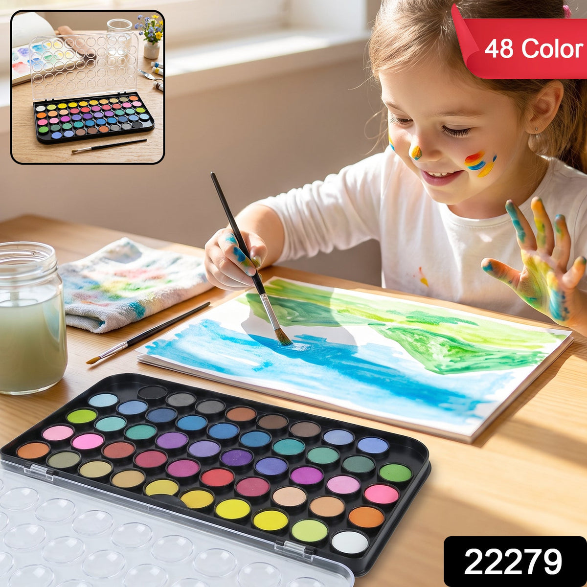 A young girl with paint on her face and hands smiles while painting with a 48-color watercolor set, with text overlays.