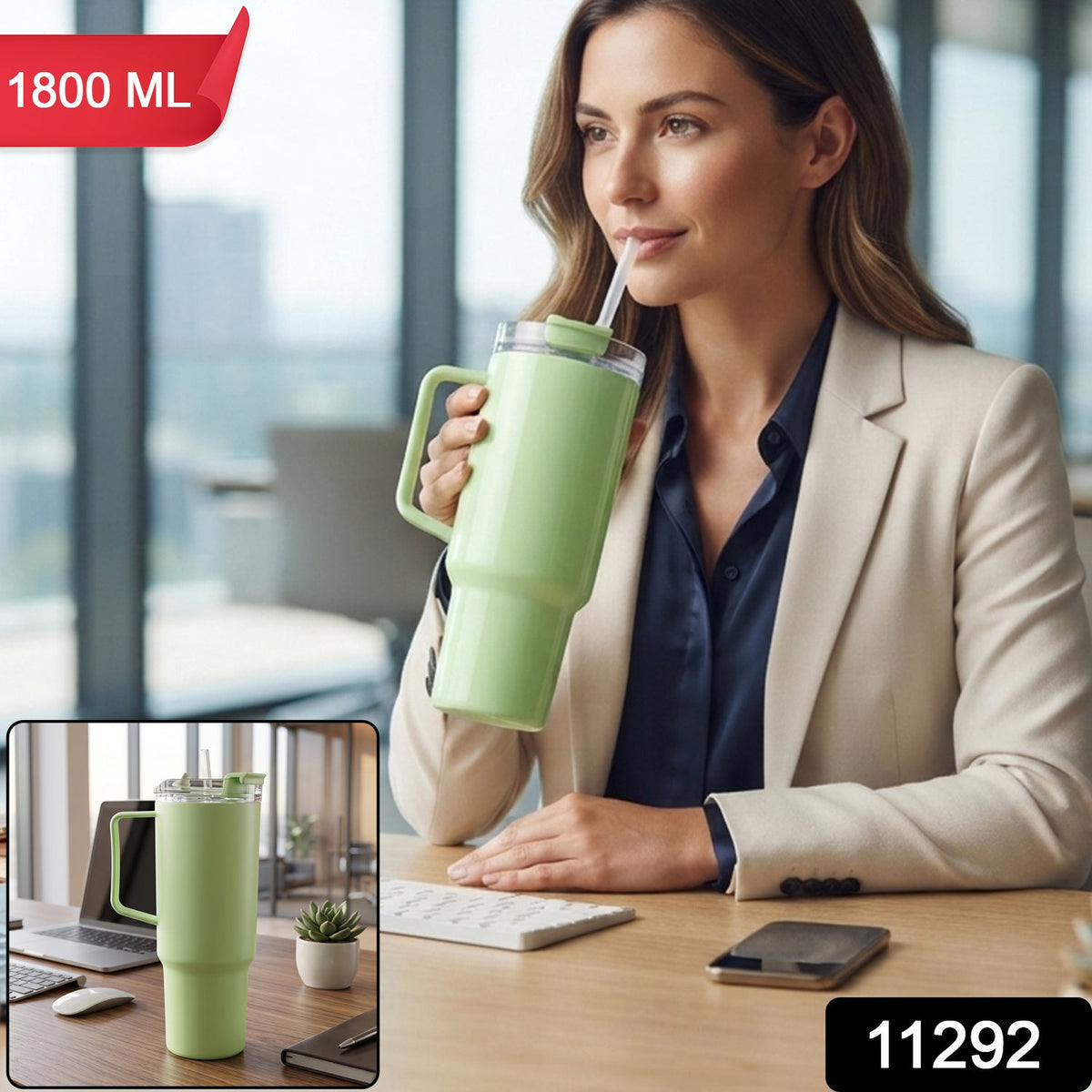 A woman in an office setting sips from a light green travel tumbler with a handle and straw, with an inset showing the