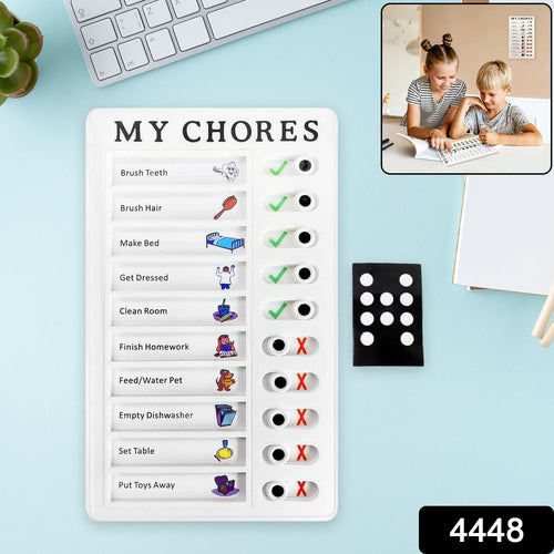 White 'MY CHORES' checklist board on a light blue surface, with a small black magnetic piece and two children studying in an