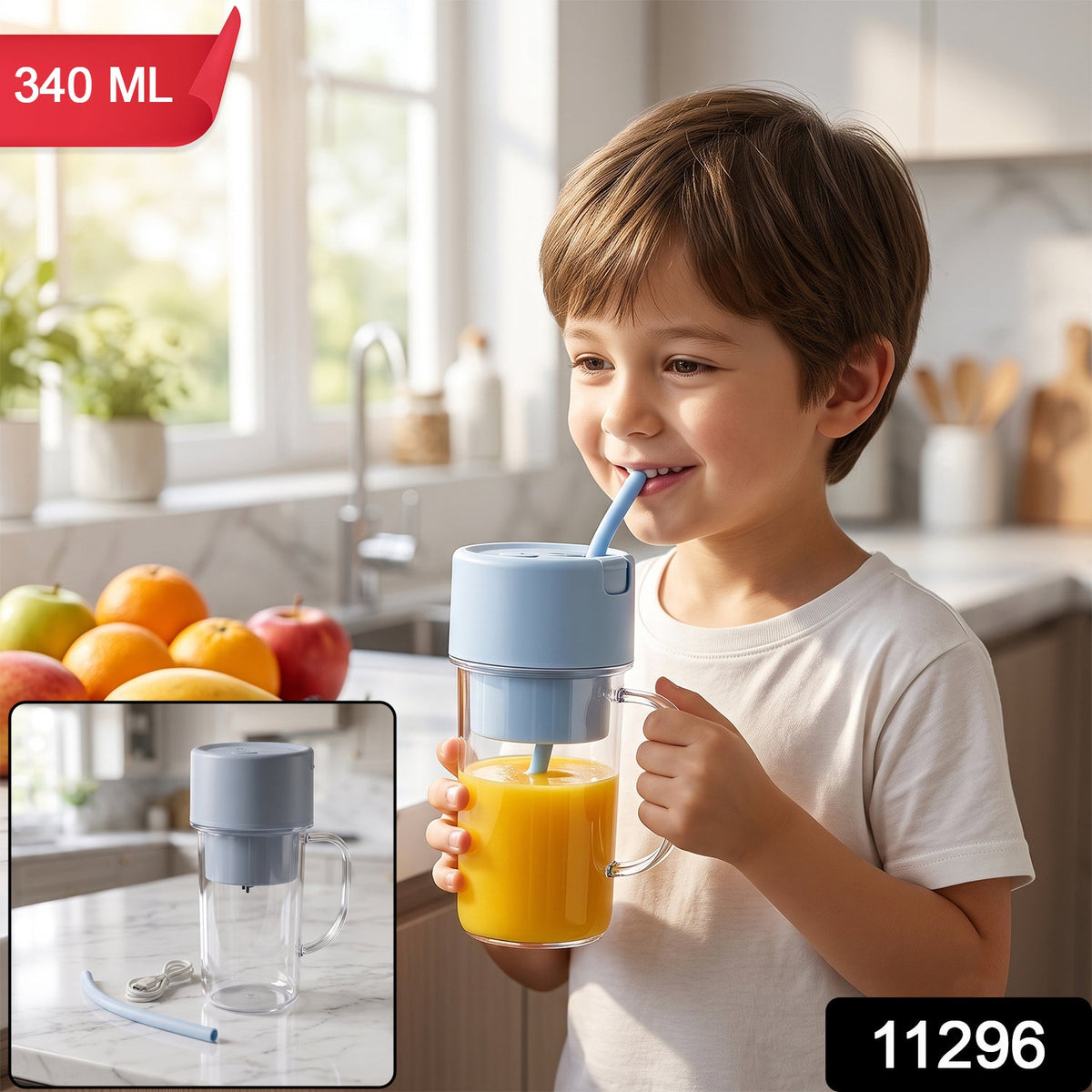 A child sips juice from a clear portable blender with a light blue lid and straw in a bright kitchen.