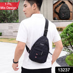 A man wearing a black sling bag, with text overlays '1 Pc, Mix Design' and '13237' and a smaller inset image of the bag.