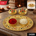 Oval Golden Kankavati Kumkum Holder with Meena Work Border