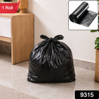 A tied black garbage bag on a light gray floor, with a rolled bag and flat bag shown in an inset, and a red "1 Roll" label.