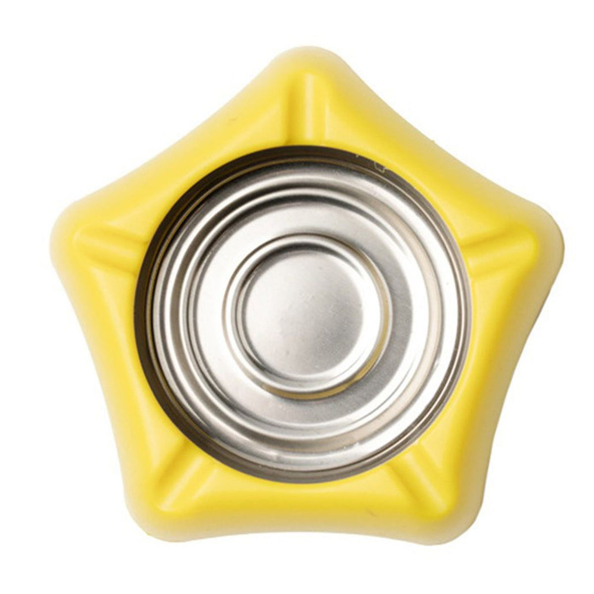 Top-down view of a yellow silicone ashtray with a circular stainless steel insert on a white background.
