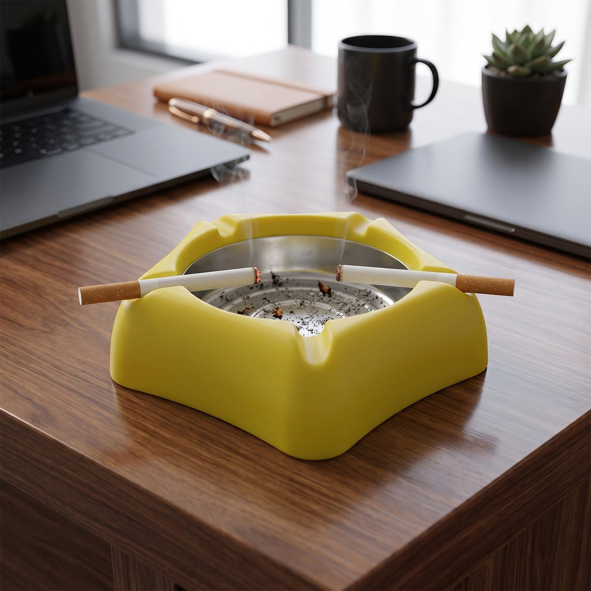 A yellow silicone ashtray with a stainless steel insert, holding two lit cigarettes, sits on a wooden desk with laptops and