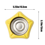 Top-down view of a yellow silicone ashtray with a stainless steel insert, showing dimensions of 5.23 inches and 5.11 inches.