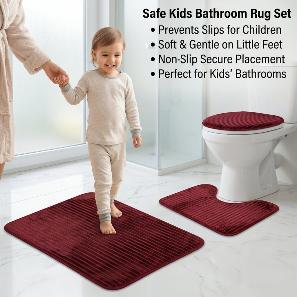 Bathroom Mat Set with Toilet Contour Rug and Lid Cover, Anti Slip (3 Pc Set)