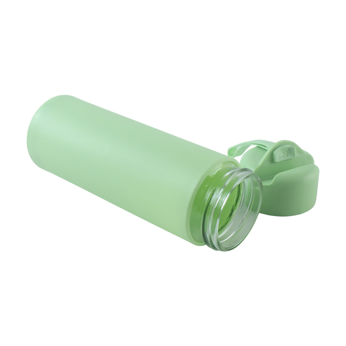 A light green glass water bottle with a silicone sleeve lying on its side, with the cap detached and lying next to it.