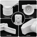 A collage shows close-up details of the white spray nozzle: closure, gasket, nozzle, handle, and cover.
