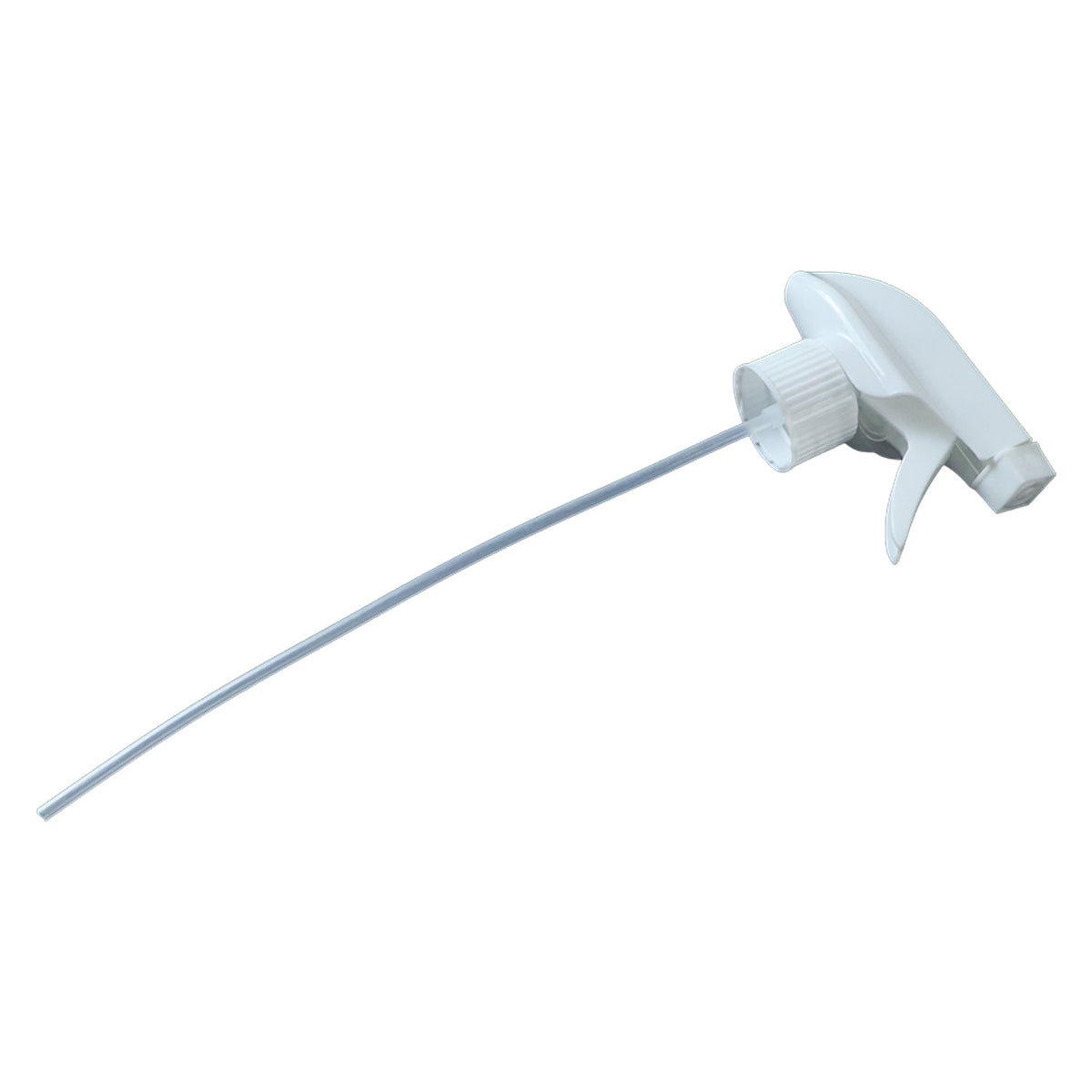 A white plastic spray nozzle with a long, clear tube extends from the bottom, set against a plain white background.