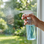 A hand holds a clear spray bottle with blue liquid, spraying water onto a windowpane.
